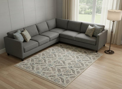 12' X 15' Ivory Gray And Blue Wool Floral Hand Knotted Stain Resistant Area Rug