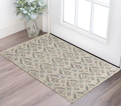 12' X 15' Ivory Gray And Blue Wool Floral Hand Knotted Stain Resistant Area Rug