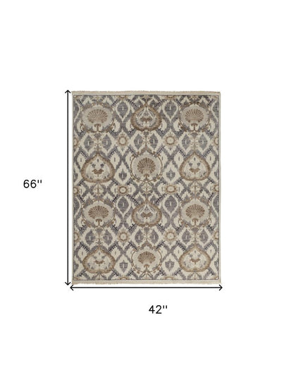 5' X 8' Ivory Gray And Taupe Wool Floral Hand Knotted Stain Resistant Area Rug