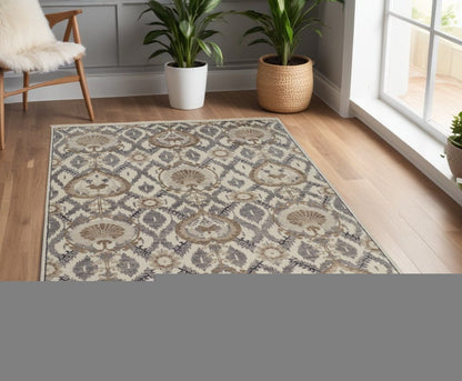 4' X 6' Gray and Ivory Wool Floral Hand Knotted Area Rug