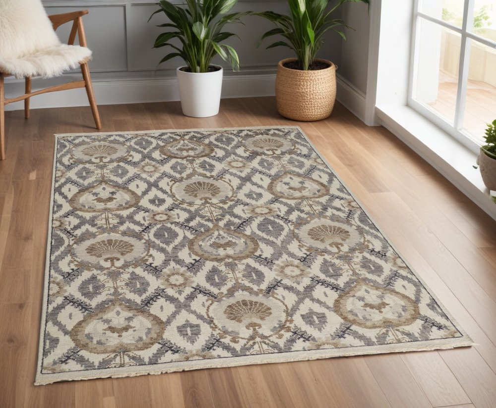 5' X 8' Ivory Gray And Taupe Wool Floral Hand Knotted Stain Resistant Area Rug