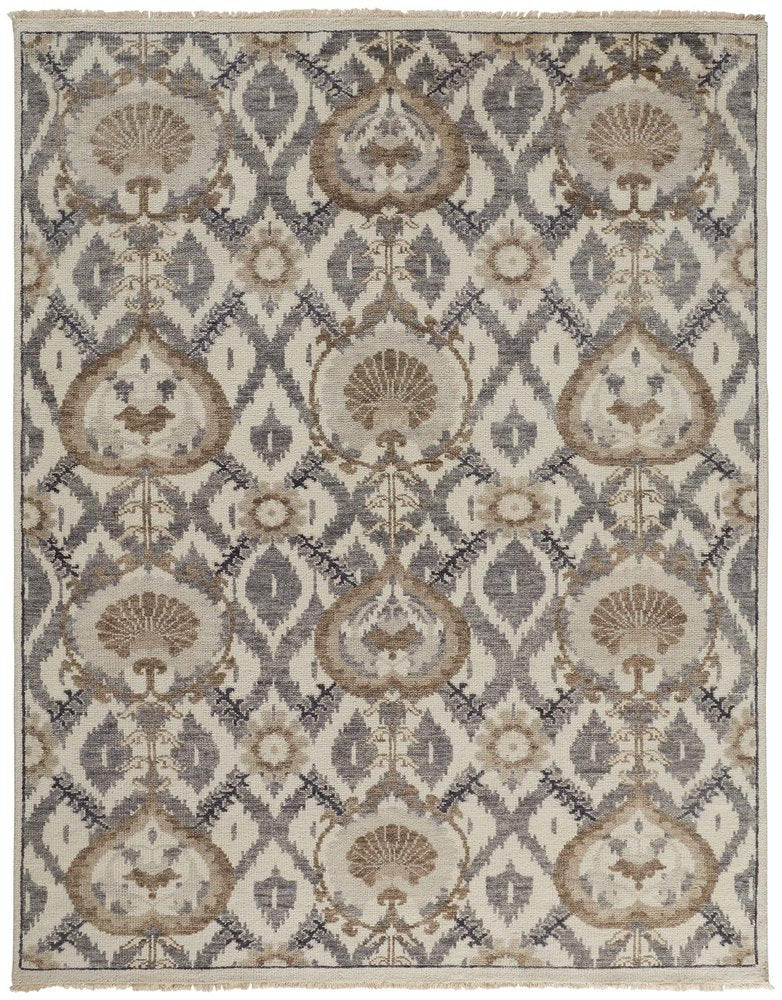 9' X 12' Ivory Gray And Taupe Wool Floral Hand Knotted Stain Resistant Area Rug
