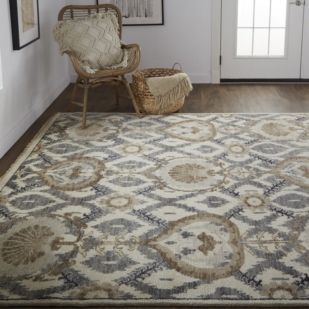 9' X 12' Ivory Gray And Taupe Wool Floral Hand Knotted Stain Resistant Area Rug