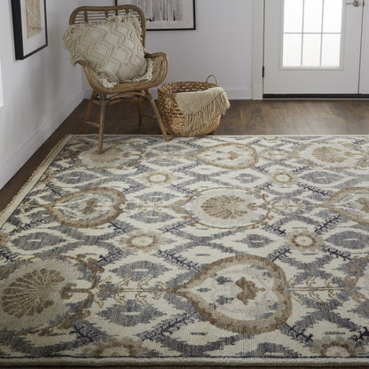 9' X 12' Ivory Gray And Taupe Wool Floral Hand Knotted Stain Resistant Area Rug
