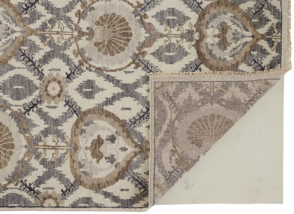 5' X 8' Ivory Gray And Taupe Wool Floral Hand Knotted Stain Resistant Area Rug