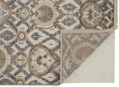 5' X 8' Ivory Gray And Taupe Wool Floral Hand Knotted Stain Resistant Area Rug