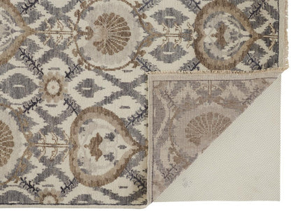 9' X 12' Ivory Gray And Taupe Wool Floral Hand Knotted Stain Resistant Area Rug