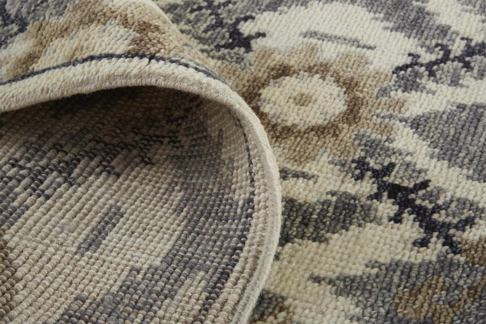 5' X 8' Ivory Gray And Taupe Wool Floral Hand Knotted Stain Resistant Area Rug