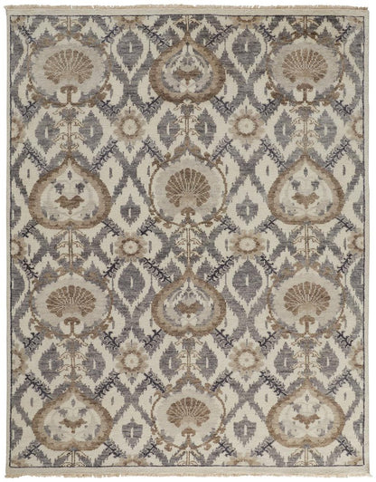 8' X 10' Ivory Gray And Taupe Wool Floral Hand Knotted Stain Resistant Area Rug