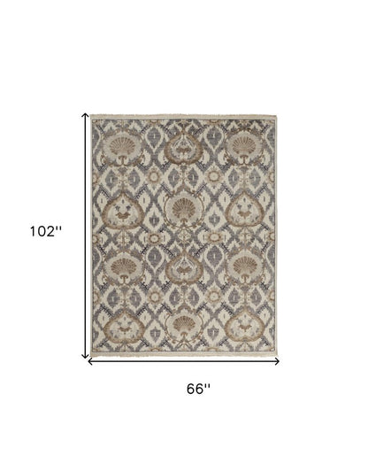 9' X 12' Ivory Gray And Taupe Wool Floral Hand Knotted Stain Resistant Area Rug