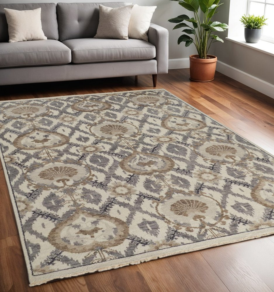 9' X 12' Ivory Gray And Taupe Wool Floral Hand Knotted Stain Resistant Area Rug
