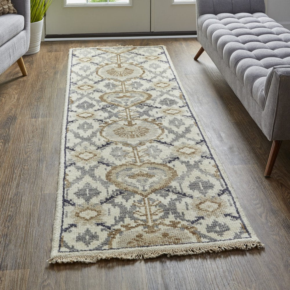9' X 12' Ivory Gray And Taupe Wool Floral Hand Knotted Stain Resistant Area Rug