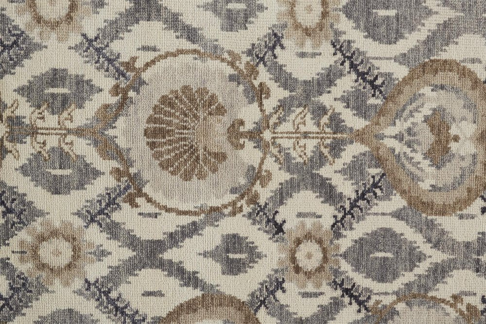 9' X 12' Ivory Gray And Taupe Wool Floral Hand Knotted Stain Resistant Area Rug