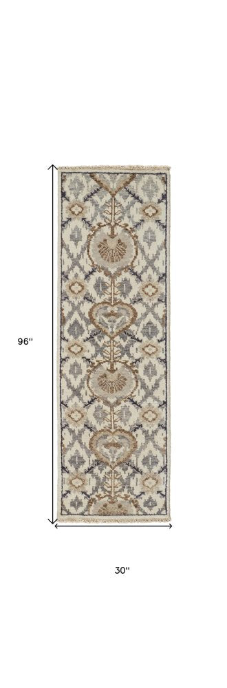 9' X 12' Ivory Gray And Taupe Wool Floral Hand Knotted Stain Resistant Area Rug