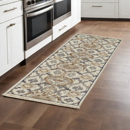 9' X 12' Ivory Gray And Taupe Wool Floral Hand Knotted Stain Resistant Area Rug