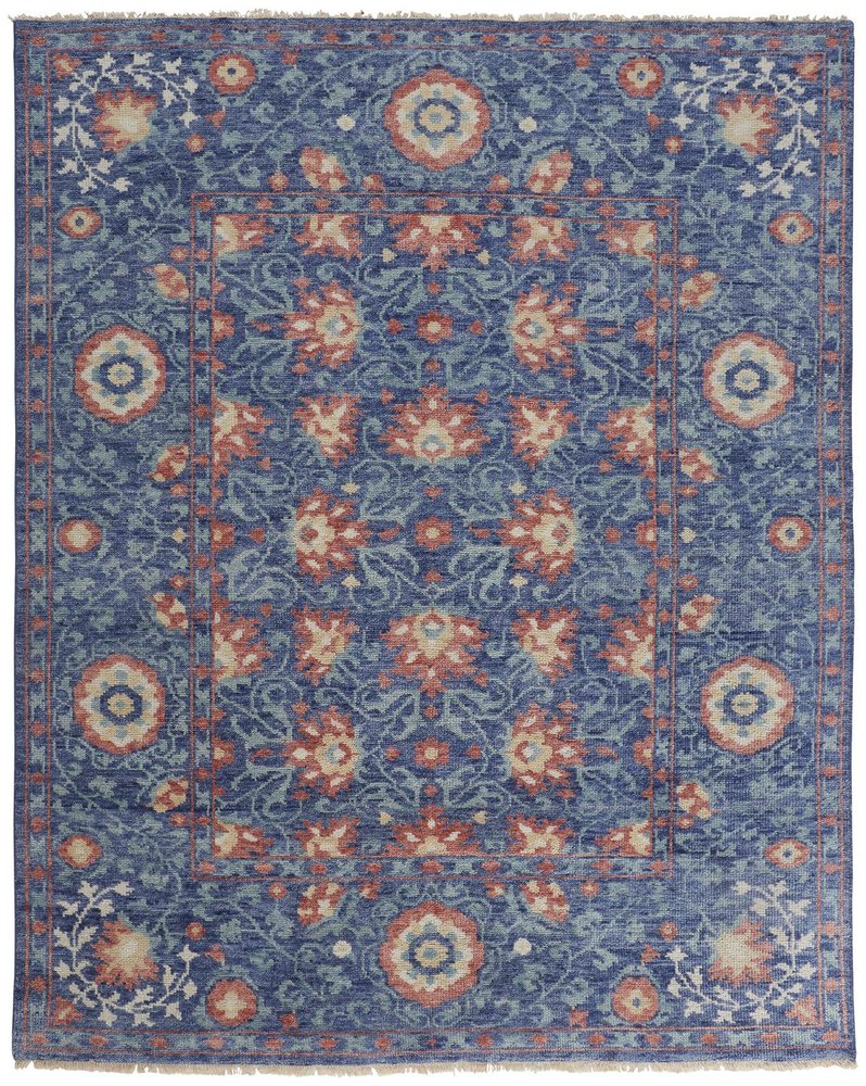 8' X 10' Blue And Red Wool Floral Hand Knotted Stain Resistant Area Rug