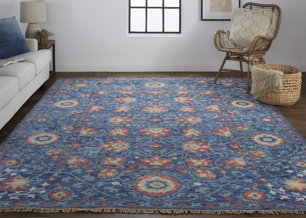 8' X 10' Blue And Red Wool Floral Hand Knotted Stain Resistant Area Rug