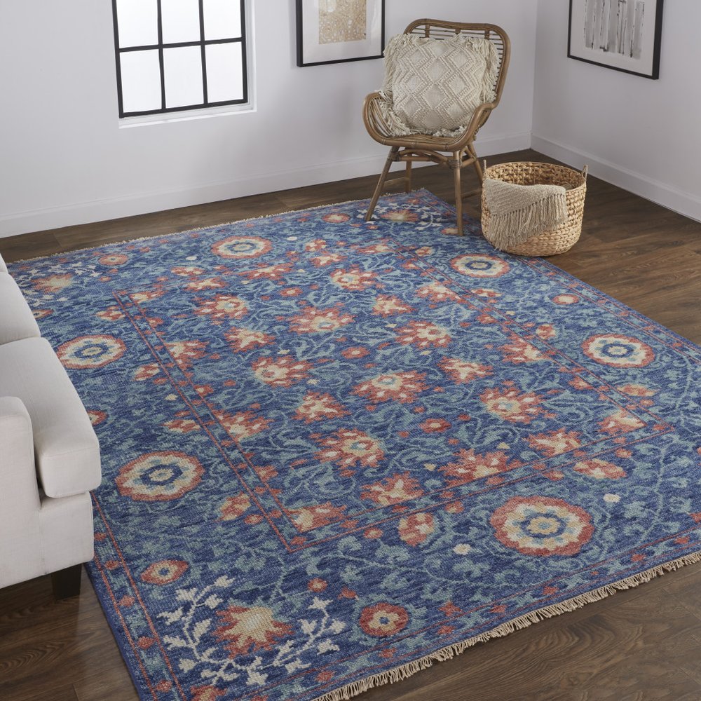 4' X 6' Blue and Beige Wool Floral Hand Knotted Area Rug