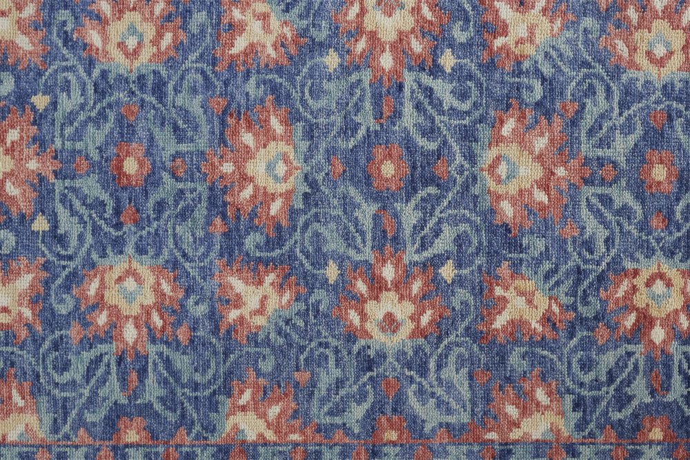 4' X 6' Blue and Beige Wool Floral Hand Knotted Area Rug