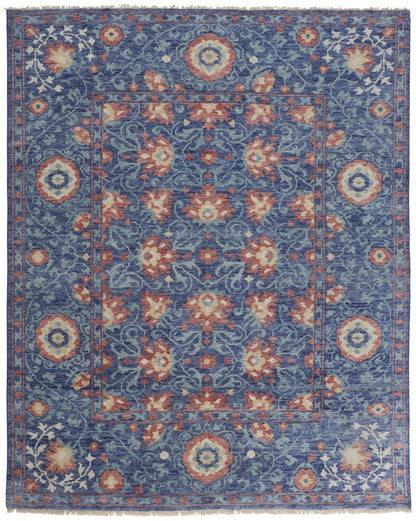 8' X 10' Blue And Red Wool Floral Hand Knotted Stain Resistant Area Rug