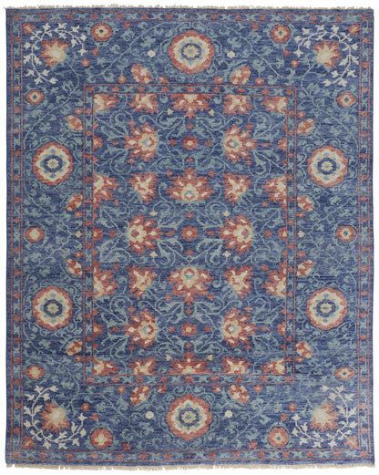 4' X 6' Blue and Beige Wool Floral Hand Knotted Area Rug