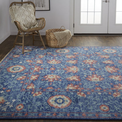8' X 10' Blue And Red Wool Floral Hand Knotted Stain Resistant Area Rug
