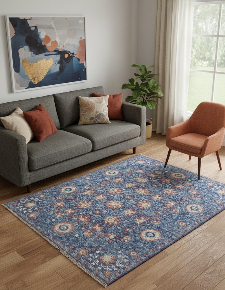 5' X 8' Blue And Red Wool Floral Hand Knotted Stain Resistant Area Rug