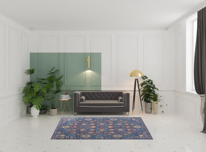 8' X 10' Blue And Red Wool Floral Hand Knotted Stain Resistant Area Rug