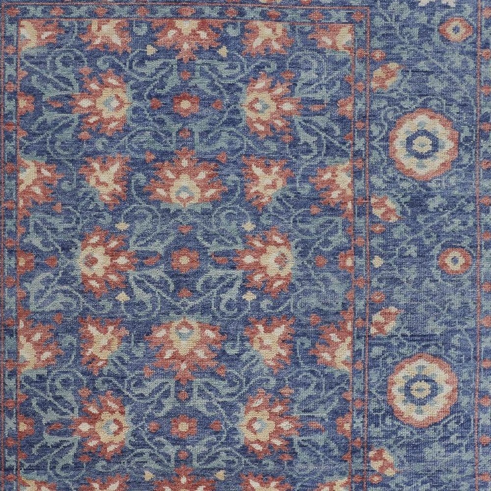 9' X 12' Blue And Red Wool Floral Hand Knotted Stain Resistant Area Rug