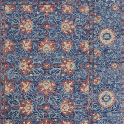 5' X 8' Blue And Red Wool Floral Hand Knotted Stain Resistant Area Rug