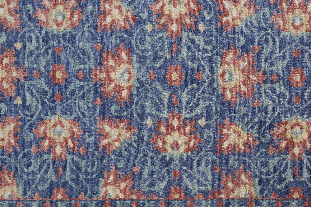 9' X 12' Blue And Red Wool Floral Hand Knotted Stain Resistant Area Rug