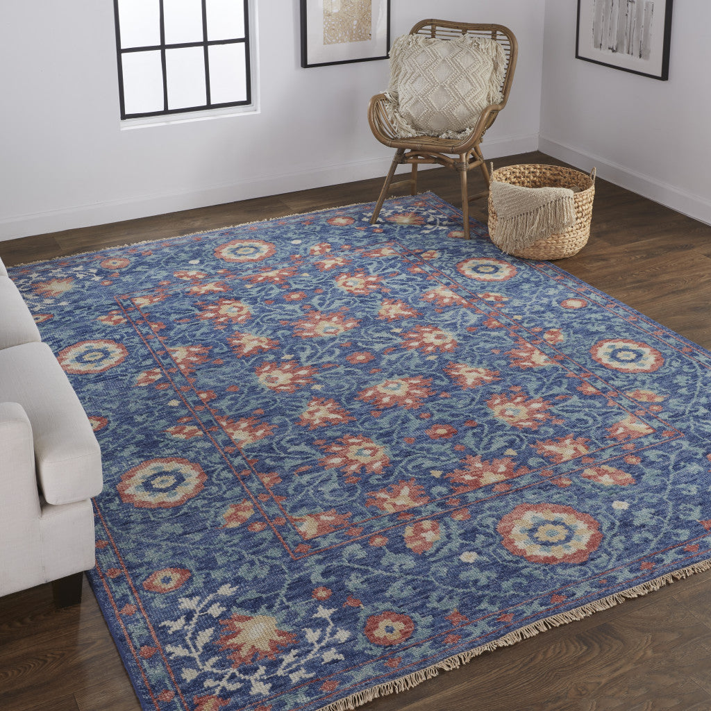 4' X 6' Blue And Red Wool Floral Hand Knotted Stain Resistant Area Rug