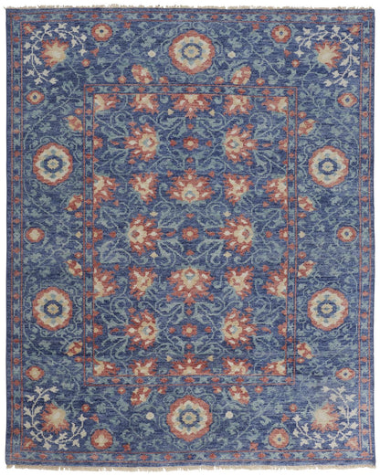 4' X 6' Blue And Red Wool Floral Hand Knotted Stain Resistant Area Rug