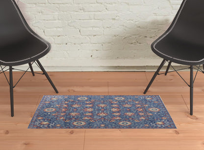 4' X 6' Blue And Red Wool Floral Hand Knotted Stain Resistant Area Rug