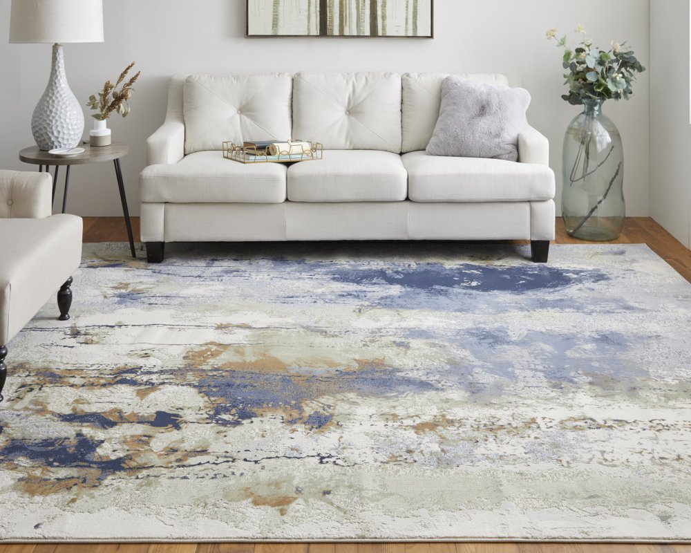 4' X 6' Blue Orange And Ivory Abstract Area Rug