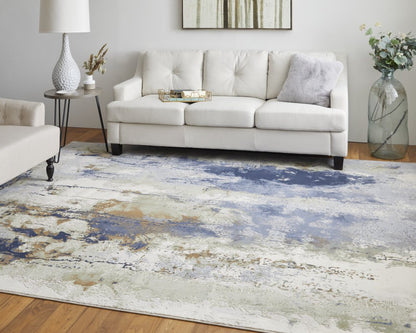 4' X 6' Blue Orange And Ivory Abstract Area Rug
