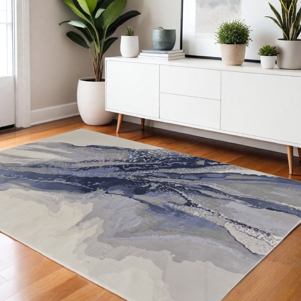 8' X 10' Blue Gray And Ivory Abstract Area Rug