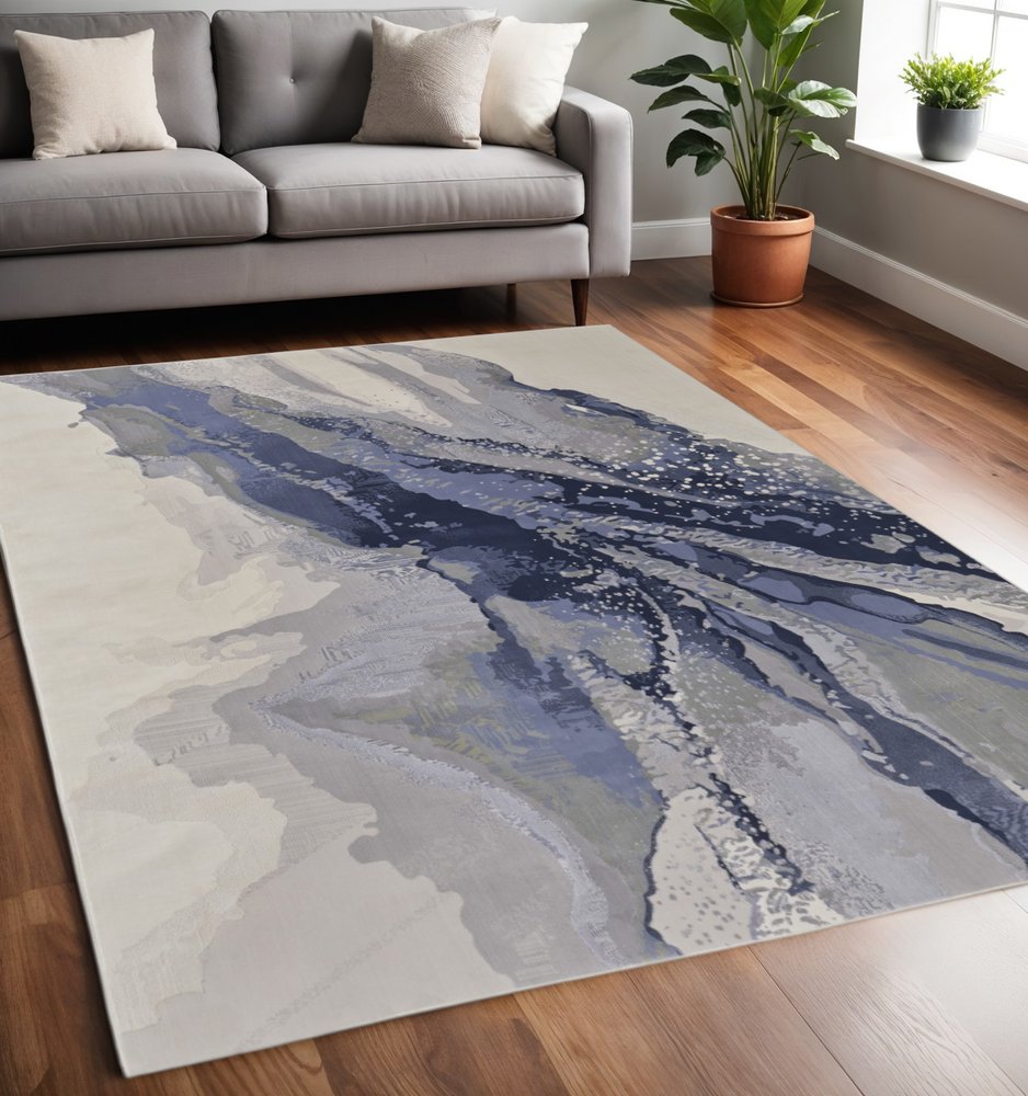 4' X 6' Blue Gray And Ivory Abstract Area Rug
