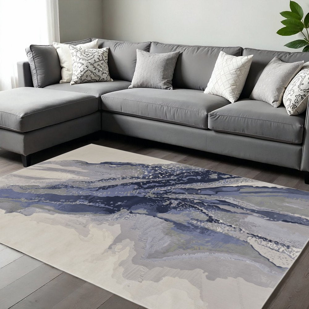 4' X 6' Blue Gray And Ivory Abstract Area Rug