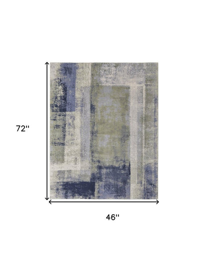 4' X 6' Blue Green And Ivory Abstract Distressed Area Rug