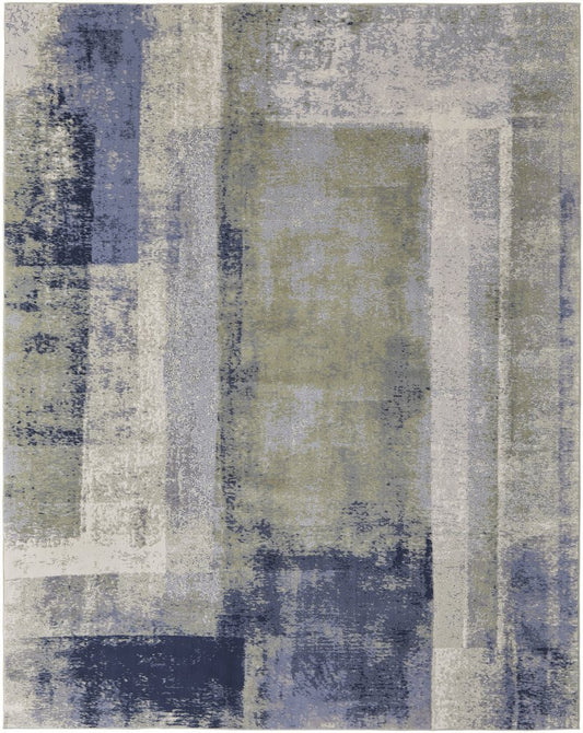 12' X 15' Blue Green And Ivory Abstract Distressed Area Rug