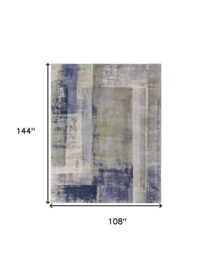 9' X 12' Blue Green And Ivory Abstract Power Loom Distressed Area Rug