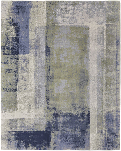 9' X 12' Blue Green And Ivory Abstract Power Loom Distressed Area Rug