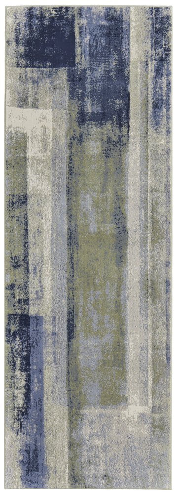 9' X 12' Blue Green And Ivory Abstract Distressed Area Rug