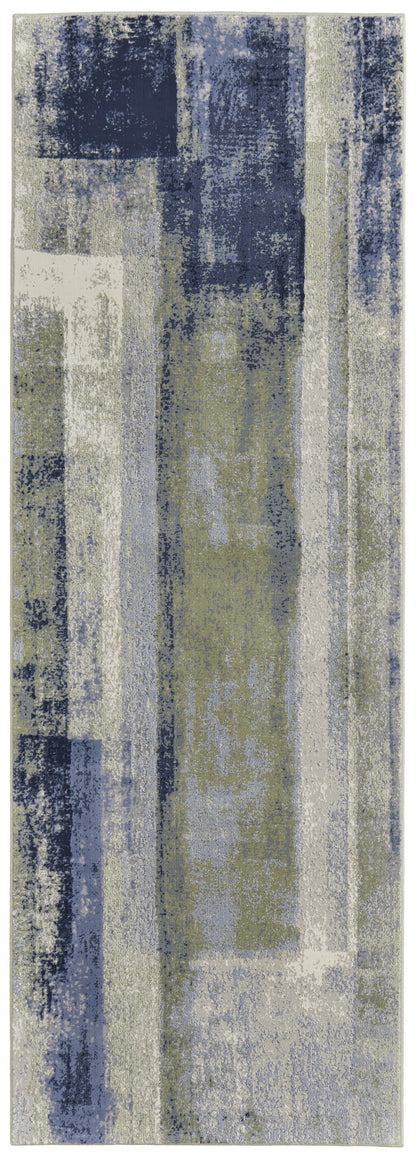 9' X 12' Blue Green And Ivory Abstract Power Loom Distressed Area Rug