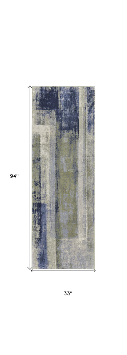 9' X 12' Blue Green And Ivory Abstract Power Loom Distressed Area Rug