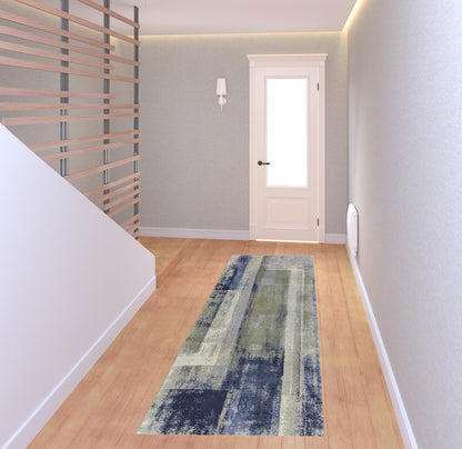 9' X 12' Blue Green And Ivory Abstract Distressed Area Rug