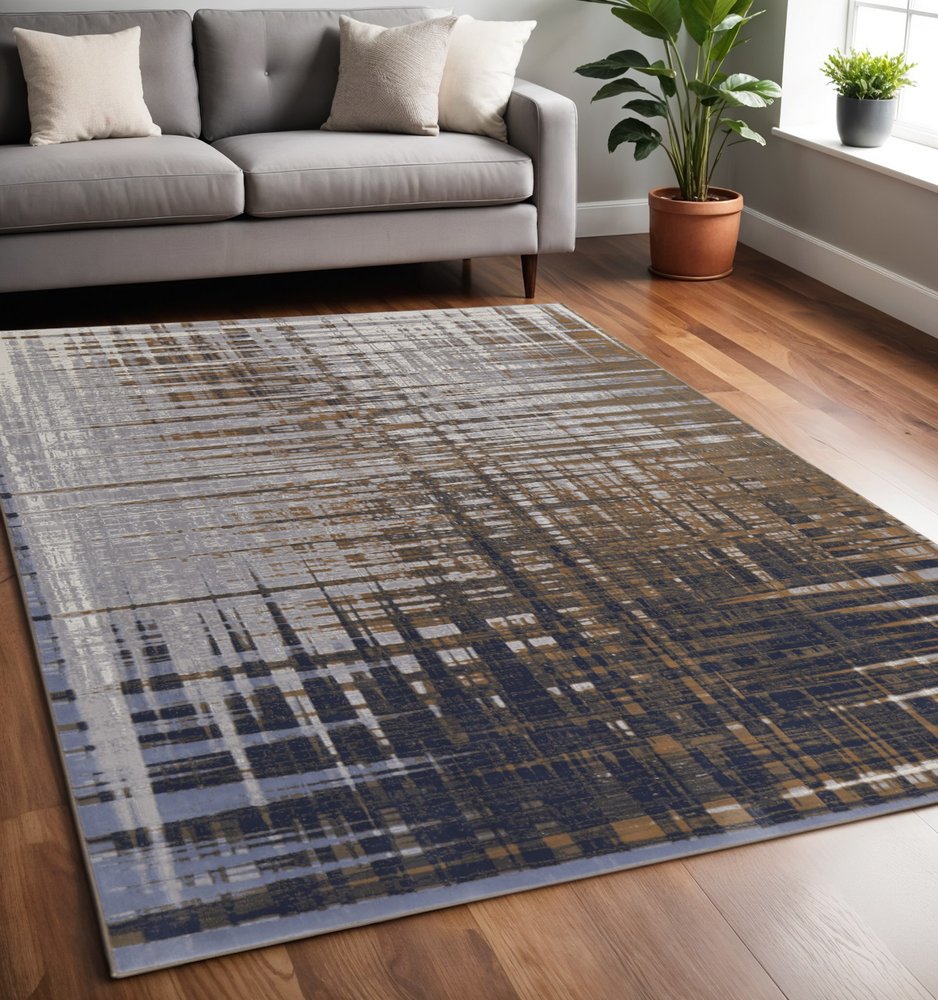8' Blue Orange And Gray Abstract Power Loom Runner Rug