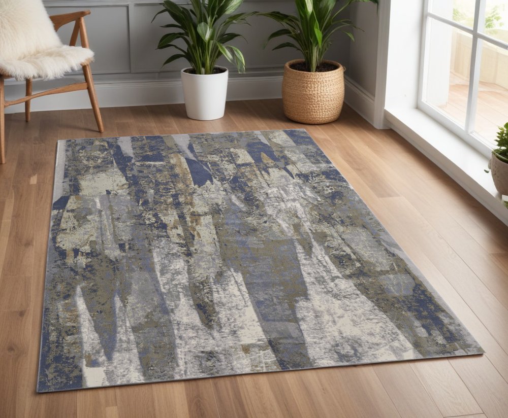 8' X 10' Blue Gray And Tan Abstract Distressed Area Rug