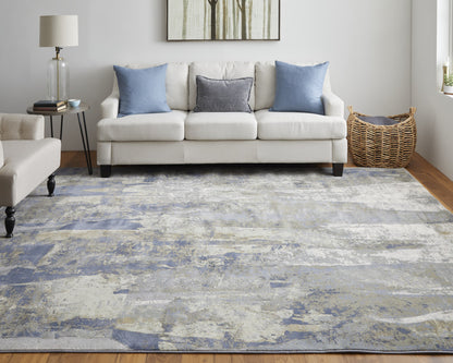 5' X 8' Blue and Ivory Abstract Power Loom Distressed Area Rug